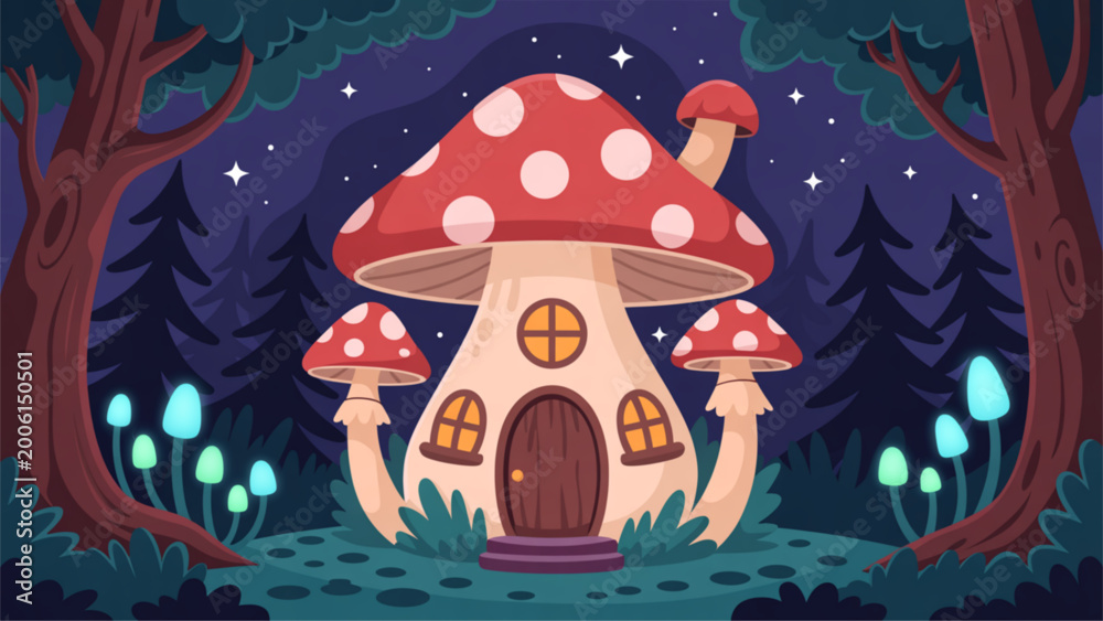 Obraz premium Whimsical mushroom house in enchanted forest