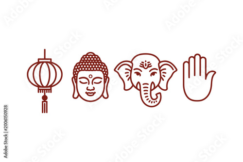 Icon set featuring asian culture symbols including lantern buddha head elephant.