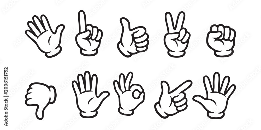Fototapeta premium Cartoon hand gestures set with gloves and black outlines.