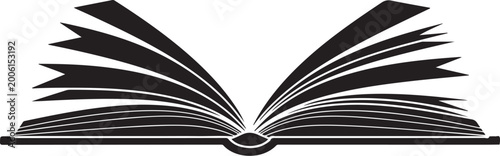 Black and white open book with pages flying up flying pages