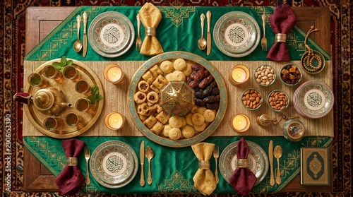 Traditional Eid Feast Table with Dates Sweets and Festive Decoration Top View