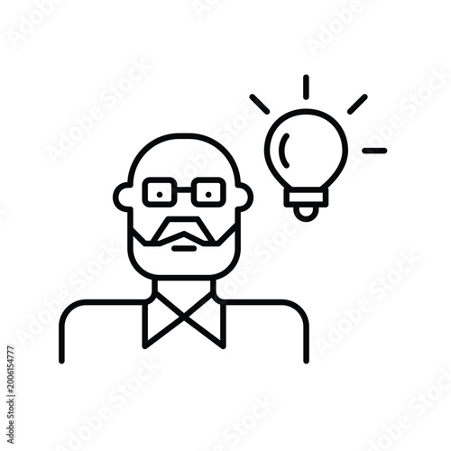 Middle-aged man avatar with light bulb. Lifelong learning and innovation. Pixel perfect, editable stroke vector icon