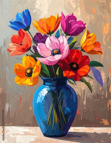 A colorful bouquet of flowers in a blue vase on a table