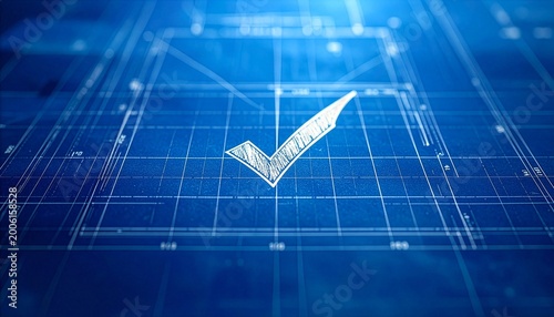 A blueprint with a checkmark signifies project completion or approval, a clean image suitable for technical, architectural, or design-related concepts. 