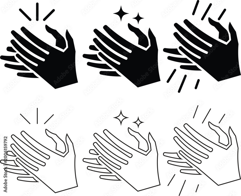 Fototapeta premium Clapping hands and applause icon set celebration and success symbols in solid silhouette and outline art style