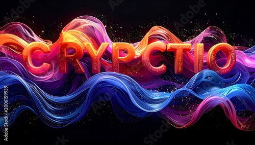A colorful, neon-lit abstract design with wavy lines and text