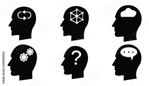 Foto Human Brain and Head Profile Icon Set Vector – AI, Artificial Intelligence and P