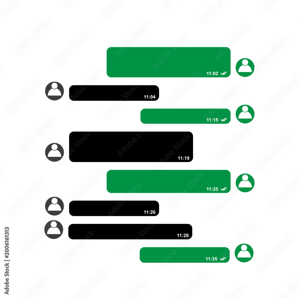 Fototapeta premium A set of stylized chat bubbles in green and black, mimicking a mobile messaging app interface for digital communication design.