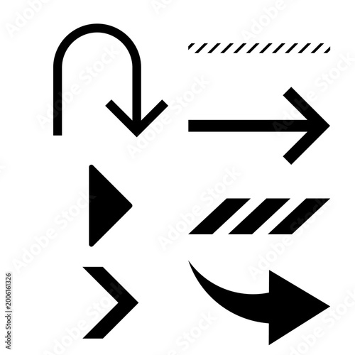 : A diverse collection of black directional arrows, u-turn symbols, and textured loading bar elements for navigation and progress tracking.