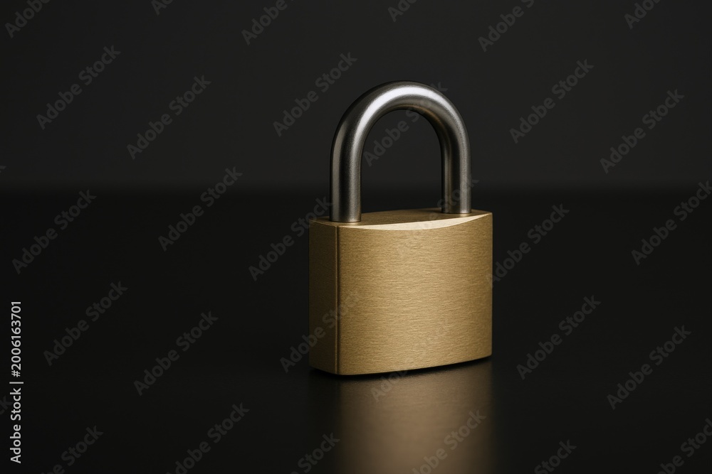 Fototapeta premium Golden Padlock Security Symbol on Dark Reflective Surface