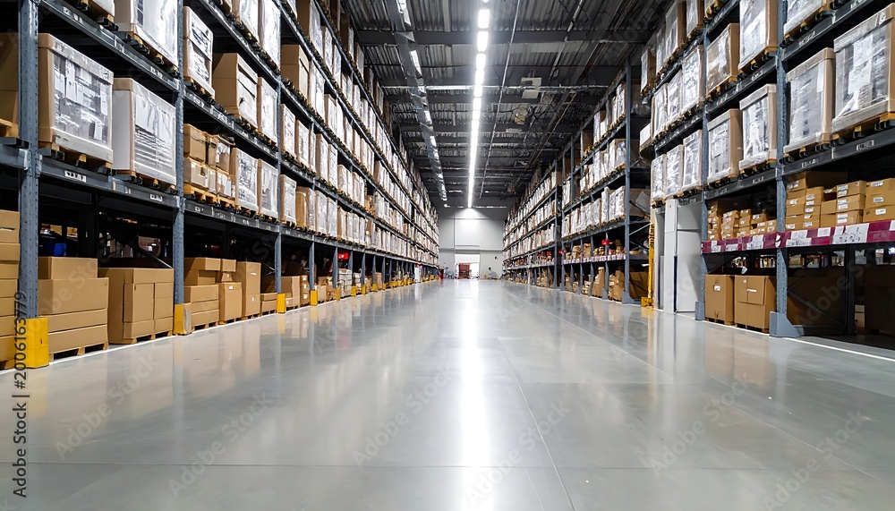 Fototapeta premium A long, empty warehouse aisle with shelved boxes and a shiny floor