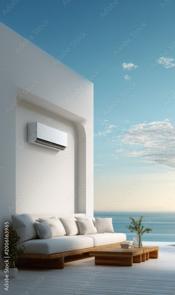 Obraz premium Modern minimalist outdoor living space with air conditioning unit overlooking a serene ocean view