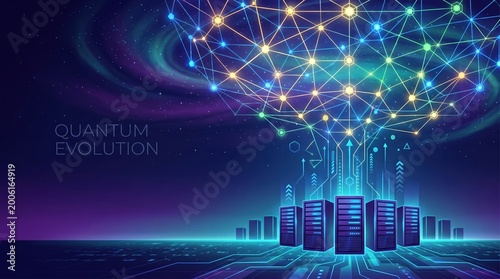 Abstract vector art showing traditional cloud computing servers connecting upwards into a massive, glowing quantum network grid in the sky, futuristic concept.Copy space