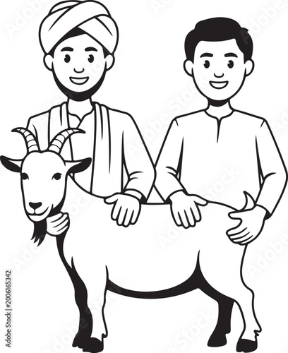 Canvastavla Smiling boys with goat in traditional clothing