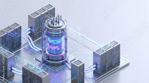 Isometric 3D illustration of a hybrid data center where classical server racks are connected via cooling tubes to a central quantum computing core, high-tech design.Copy space