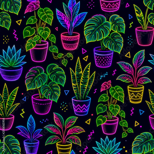 Neon Ornamental Plant Pattern High Contrast Modern Botanical Design