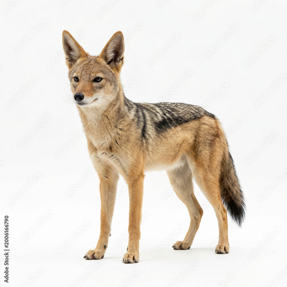 Fototapeta premium Coyote standing on white background with attentive posture 