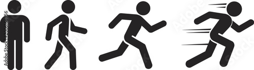 Photos Stick figure evolution set showing a person transition from standing to walking then jogging and finally sprinting fast with motion lines