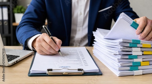professional reviewing performance reports and auditing stack of documents at office desk