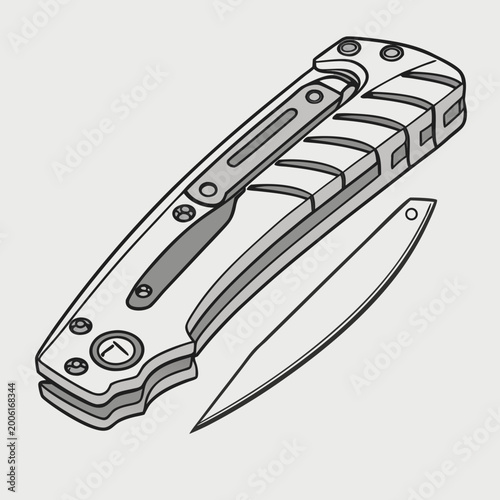 Tactical folding pocket knife line art illustration with detailed grip pattern and partially open blade tactical everyday illustration survival monochrome equipment instrument hardware