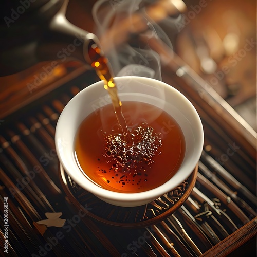 A steaming cup of amber tea being poured