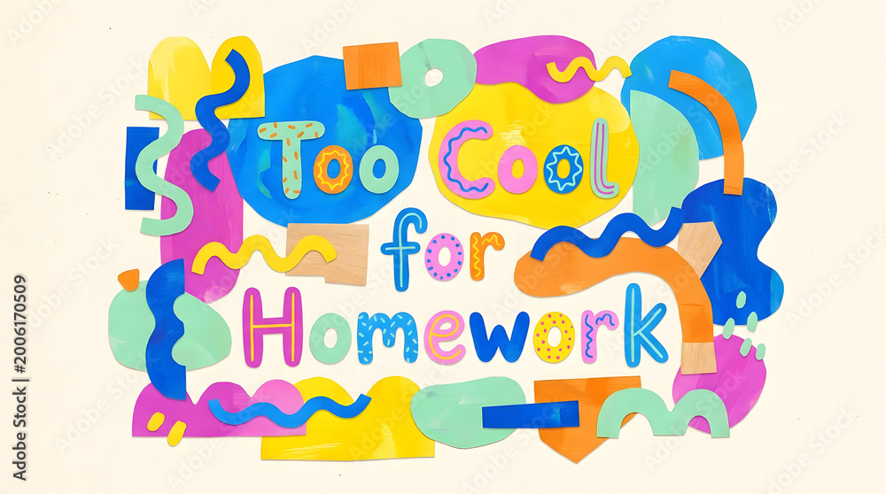 Naklejka premium A vibrant, abstract graphic illustration declaring a carefree, youthful attitude with colorful shapes and bold typography saying 'Too Cool for Homework'