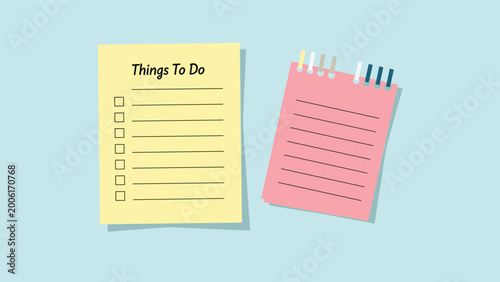 Two sheets of paper on a light blue background, one serving as a things to do checklist with boxes and the other as a simple notepad.