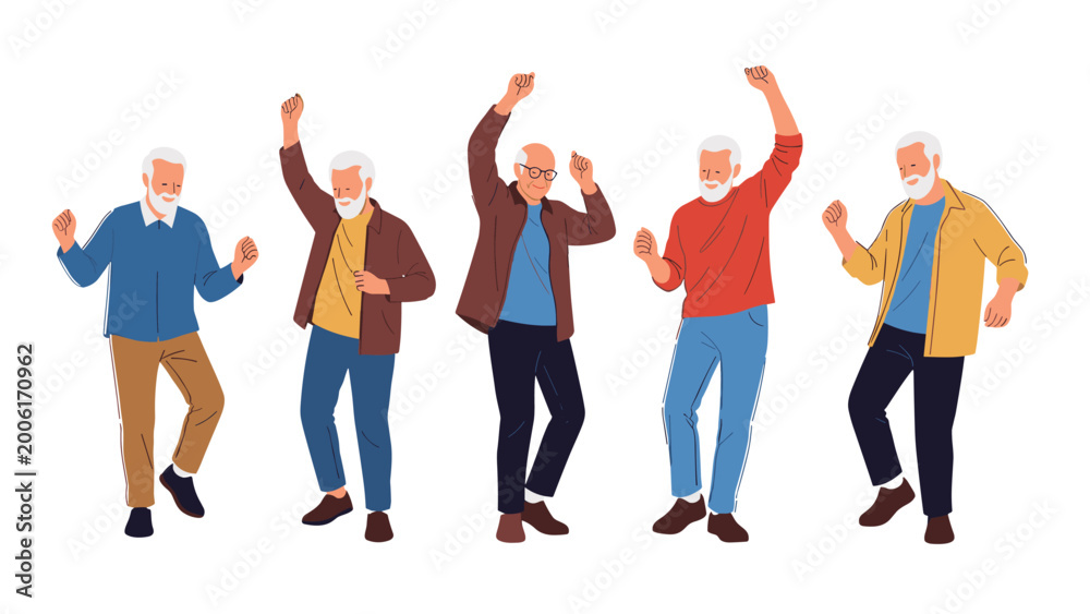 Obraz premium Group of diverse senior men expressing joy and energy by dancing together in various poses on a white background.