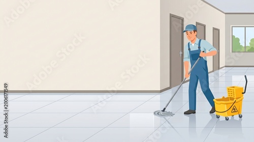 Man cleaning a large empty room with a mop and bucket on tiles