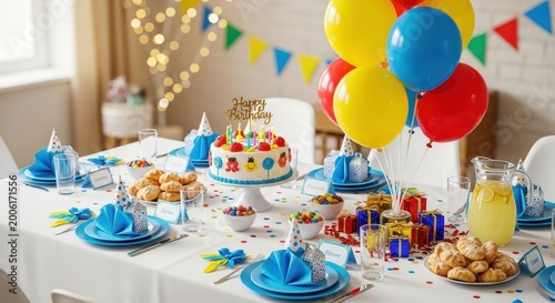 Festive Birthday Party Table Setting with Cake and Balloons.