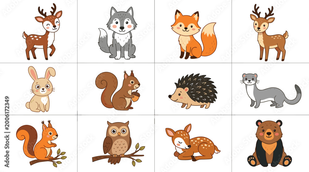 Fototapeta premium Cute Forest Animal Vector Illustration Set with Deer, Wolf, Fox, Rabbit, Squirrel, Hedgehog, Owl, Ferret, Fawn, and Bear for Kids, Stickers, Educational, and Digital Designs