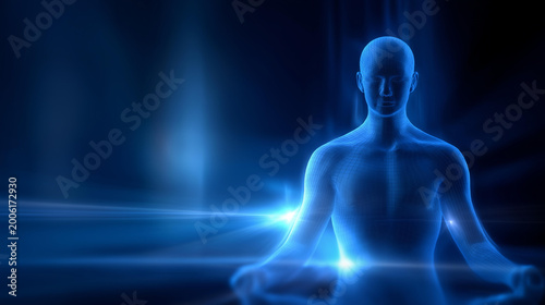 Faceless meditating person with a spiritual energy aura glowing around the body for a wellness and esoteric concept. Defocused background. Spiritual aura glow, meditating person,