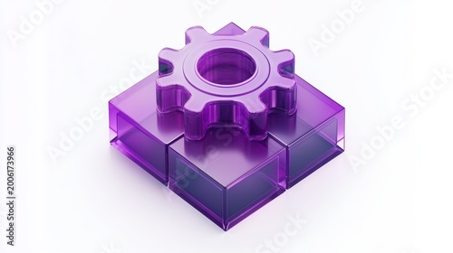 Purple glass gear mechanism on a cube platform isolated on white background