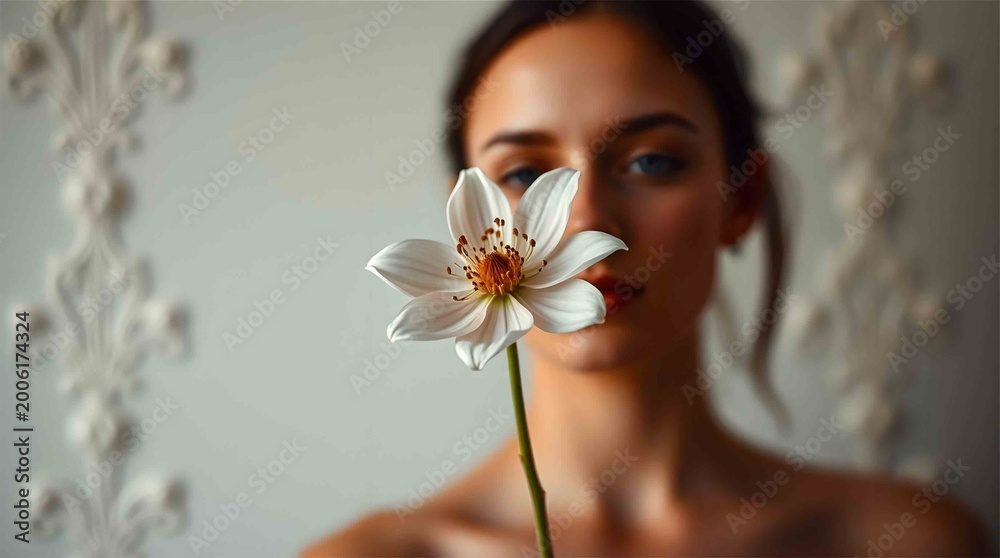 Naklejka premium A soft-focus portrait captures a woman holding a delicate white flower in front of her face, creating an intimate and serene atmosphere with a hint of mystery.