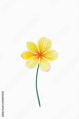 A delicate painting showcases a single, vibrant yellow flower with a thin green stem against a stark white background, highlighting its intricate details.