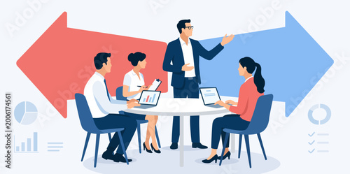 Direction. Business strategy. Leader and the team is discussing strategy. Vector illustration