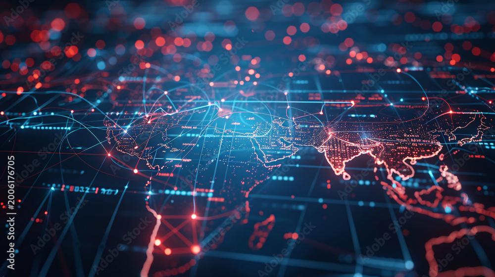 Obraz premium Digital map showing global cyber attack patterns with lines connecting different parts of the world. 