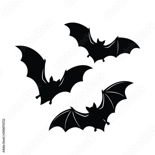 Schilderij op canvas Flying Bat Silhouette Set – Halloween Black Vector Illustration