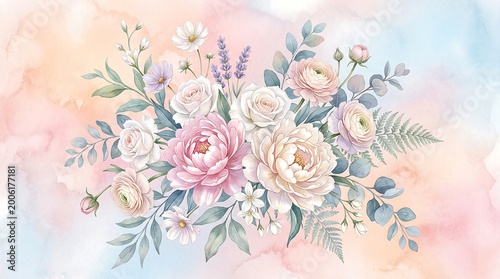 Elegant Pastel Watercolor Floral Bouquet with Roses and Peonies Background