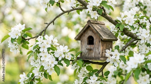 Wooden Birdhouse Nestled in White Spring Blossoms