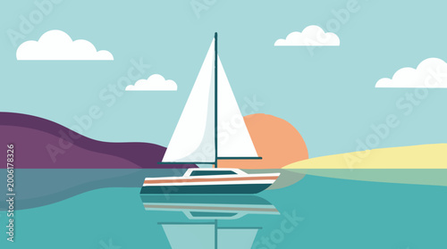 Fotografie Sailboat on calm water at sunset, minimalist vector illustration