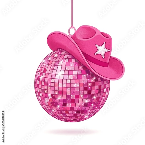 ​Pink Disco Ball with Pink Cowboy Hat Illustration