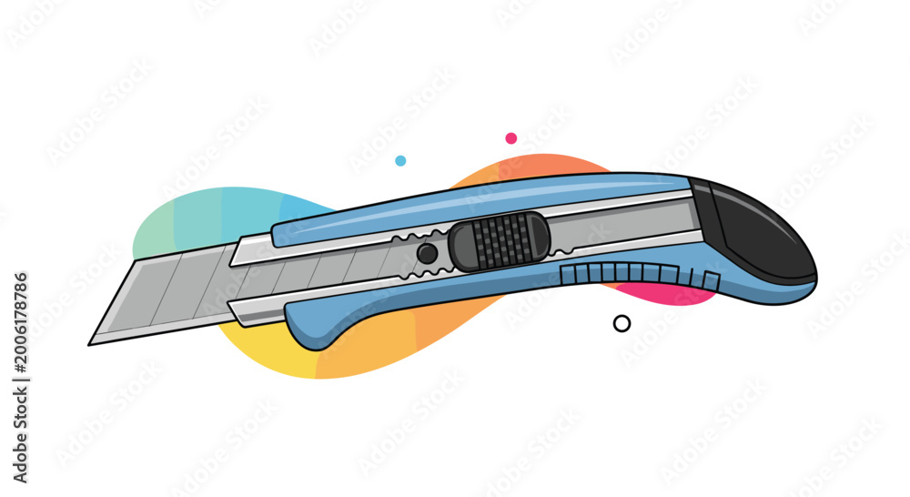 Fototapeta premium Utility knife with a blue handle and retractable metal blade shown with abstract colorful wavy background elements for tool design.