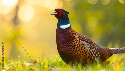 A vibrant pheasant stands in lush green grass