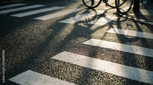 Bicycle shadows on white crosswalk stripes at sunset