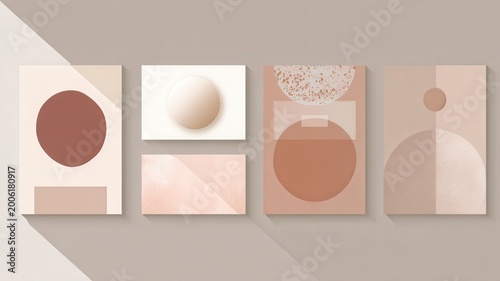Abstract geometric wall art mockup set with neutral beige terracotta tones, minimalist Scandinavian gallery wall posters, modern printable home decor