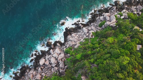 Aerial View of Rocky Tropical Coastline with Jungle Ko Tao Thailand