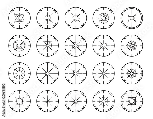 A collection of 20 circular technical drawings with symmetrical patterns