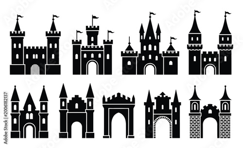 Bild auf Leinwand Collection of Black Silhouette Castle and Fortress