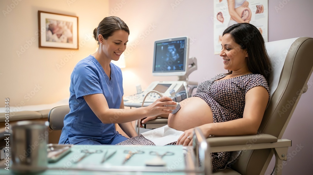 Obraz premium Pregnant Woman Getting Ultrasound from Nurse